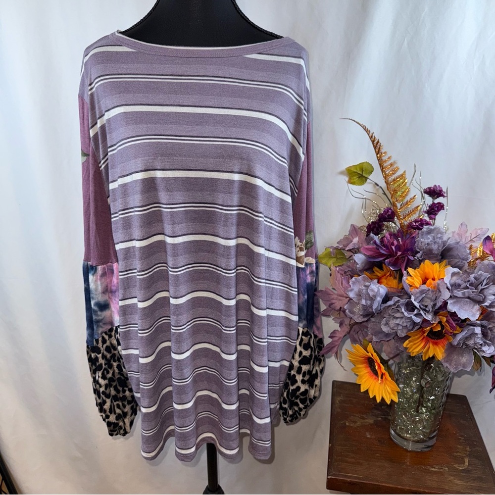 ODDY Purple Stripe Patchwork Leopard Sleeve Boho Tunic Top 1XL - Picture 1 of 8